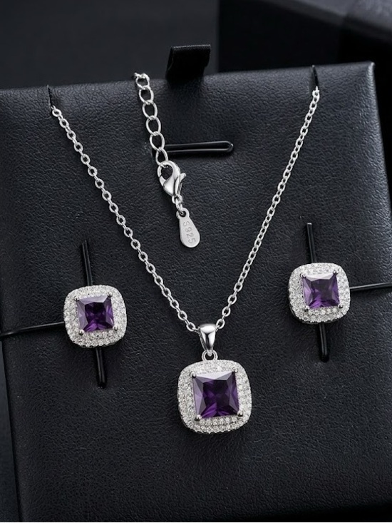 Jewelry - New Luxe S925 Sterling Silver Purple Cushion Halo Necklace & Earring Set